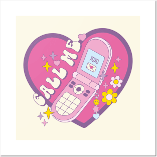 Call Me - Retro Phone with Hearts, Flowers and Stars Posters and Art